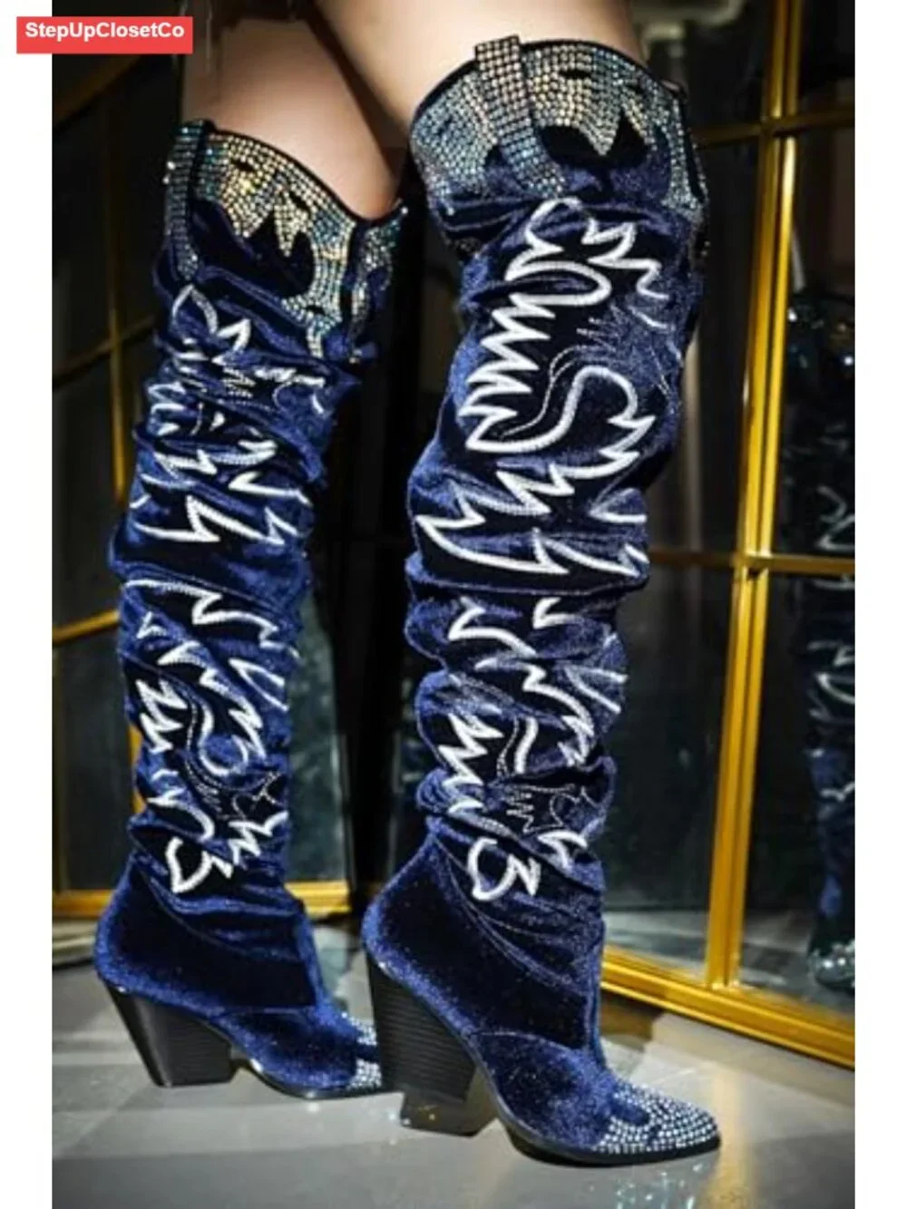 Rhinestone Embroidered Thigh High Slouchy Wide Calf Pull On Boots with Memory